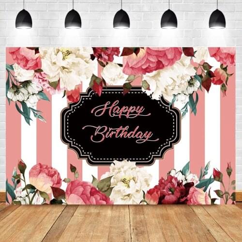 Laeacco Pink White Stripes Happy Birthday Princess Backdrop Blooms Flowers Birthday Party Banner Poster Photography Background