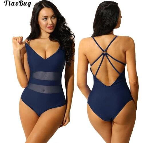 TiaoBug Summer Women Solid Color 1Pc V Neck Swimming Bodysuit Bathing Suit Halter Tummy Control Swimwear Beach Jumpsuit