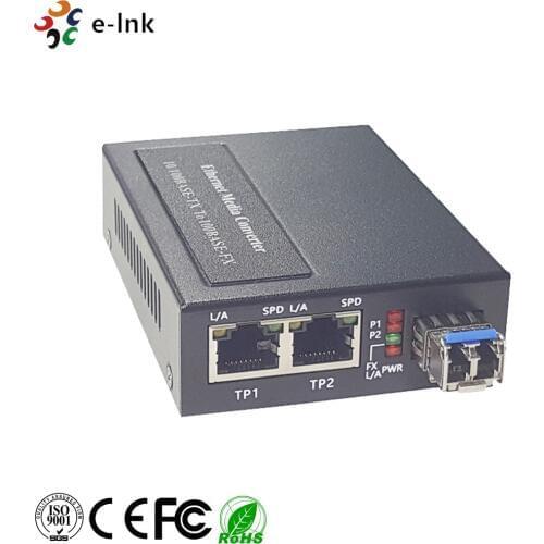 2x10/100/1000BASE-T to 1x100/1000BASE-X SFP Media Converter with Built-in Power Supply