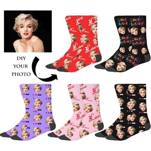 Colorful Custom Novelty DIY Men&Women Socks Funny Print Harajuku Love Letter Birthday Your Face Photo on Sock for Unisex Xmas
