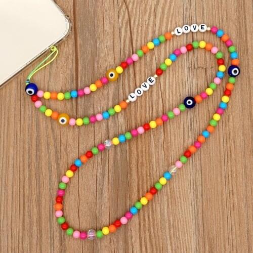 New 2021 Bohemia Colorful Glaze Evil Eye Woven LOVE Letter Chain Pendant Beaded Long Cell Phone Strap for Women Jewelry