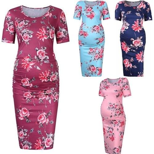 New Summer Fashion Casual Women Short Sleeve Pregnant Maternity Dress Knee Length Flower Maternity Clothes Pregnancy Dress