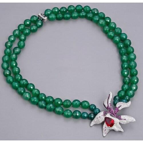 18"-19'' 2 Rows Green Agate Necklace CZ Flower Pendant
