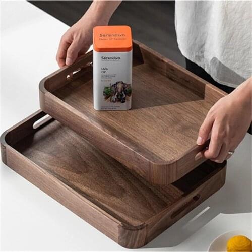 Black Walnut Solid Wood Tray Tea Coffee Cup Rectangle Tray With Handle Hotel Restaurant Dinner Plate Food Fruit Storage Holder