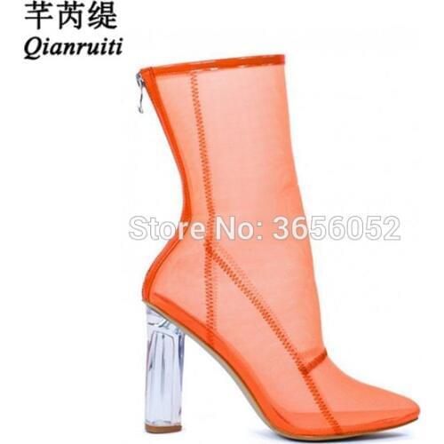 Qianruiti Black Pink Orange Perspex Block High Heel Clear Shoes Woman Pointy Toe Booties Cut Outs Summer Mesh Fabric Ankle Boots