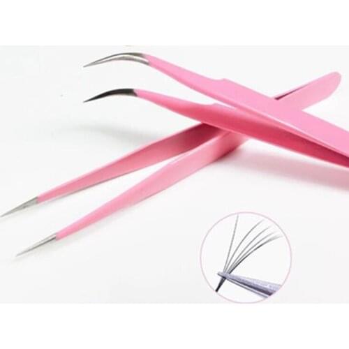 Pink Eyebrow Tweezers Stainless Steel Straight Curved Eyelash Extension Tweezer Makeup Tools