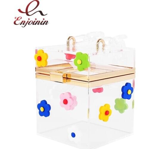 New Fashion Flowers Clear Acrylic Clutch Purse Women Transparent Handbags Plastic Box Bag Female Shoulder Chain Bag Designer Bag
