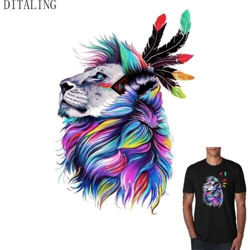 Animal Lion Patch Iron-On Transfers For Clothing Colorful Feather Thermo Sticker On Fabric Man Women Appliques On Clothes Patch