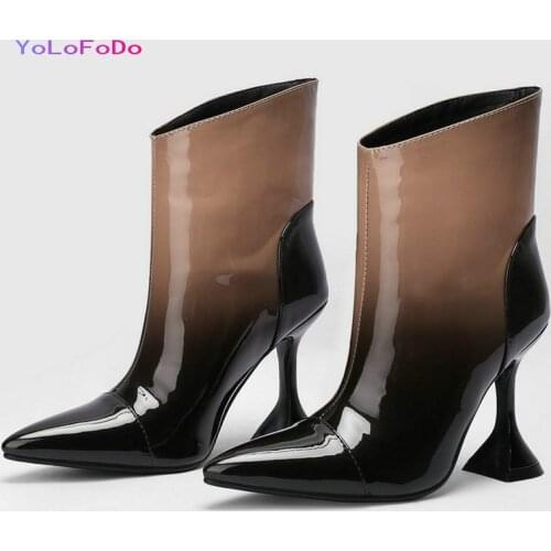 Apricot Red Leopard Women Ankle Boots Patent PU Leather Strange Style Ladies Short Boots Mixed Color Pointed Toe Womens Boots