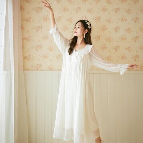Women Lace Nightgowns Sexy Vintage Palace Style Nightwear Long Sleeve Sleepwear Nightdress Autumn Lingerie Victorian Dress