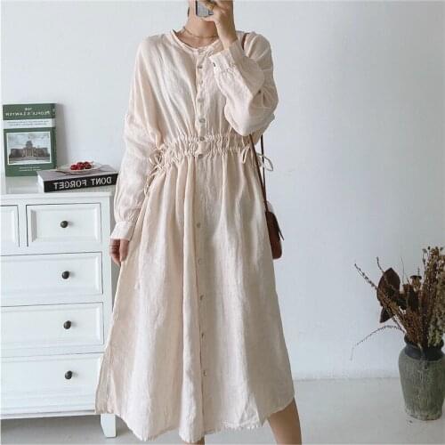 Johnature 2021 Autumn New Solid Color Tie Vintage Linen Women Dresses Japanese Single-breasted Loose Female Dress