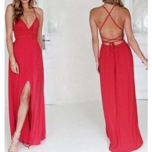 Fashion Summer Dress Women Asymmetrical Patchwork Sexy Suspender Dress Backless Long Sleeve V Neck Lace Maxi Dresses