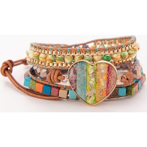 2021 New Romantic Spiritual Chakra Leather Wrap Bracelets Mix Stone Heart Shape 3 Strands Bracelet Classic Jewelry Bijoux
