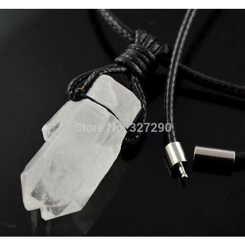 5pcs Natural Rock Clear Crystal Pillar Pendant Necklace 24'' Black Leather Chains For Sweater Chain Stone Necklace