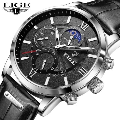 2021 New LIGE Men Watches Fashion Leather Business Waterproof Watch Men Luxury Brand Casual Quartz Clock Military Chronograph