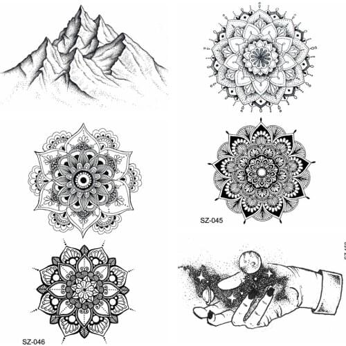 Black Henna Mandala Flower Temporary Tattoo Women Body Art Waterproof Fake Tatoos Moon Men Sexy Tattoo Sticker 3D Peak Mountain