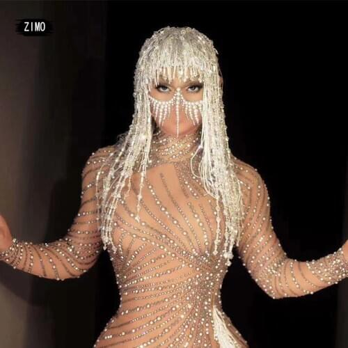 Designer Silver Sequin Crystal Tassel Wigs Women Birthday Party Rhinestone Fringes Headwear gogo Stage Dancer Singer Accessories