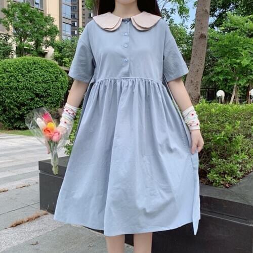 Japanese Double-Layer Doll Collar Dress Sweet College Style Long Short-Sleeved Loose Summer victorian fairy kei lolita dress