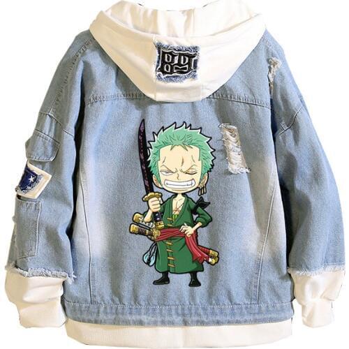 ONE PIECE Luffy Zoro Cosplay Jeans Denim Jacket Long Sweatshirt Harajuku Streetwear Hoodies Fashion Hooded Coats Windbreaker