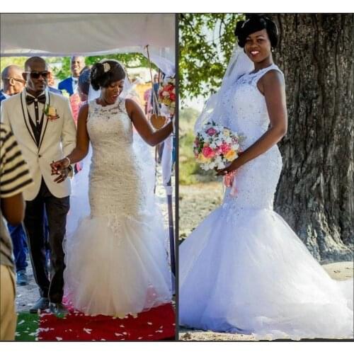 Elegant African Mermaid Lace Long Wedding Dresses Plus Size Beaded Ivory Sweep Train Lace up Back Bridal Gowns Custom Made