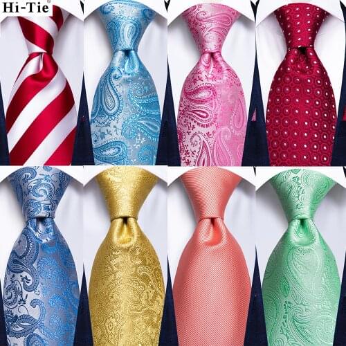 Hi-Tie Red White Striped Paisley Solid Mens Silk Wedding Tie Fashion Designer Gift Necktie For Men Hanky Cufflink Business Party