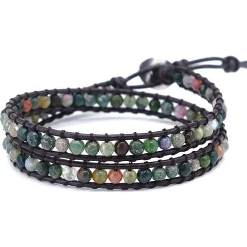 Stone Beads Alloy Genuine Leather Bracelet Men Women Bangle Cuff Rope Bead 2 Wrap Adjustable