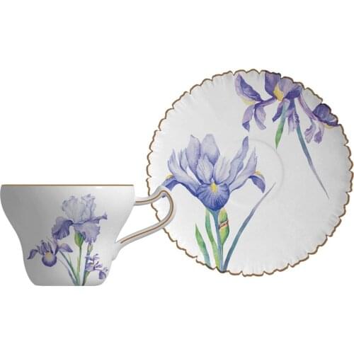 Ceramic cup bone china coffee cup and saucer iris European style tea cup black tea ceramic cup and saucer custom logo mug