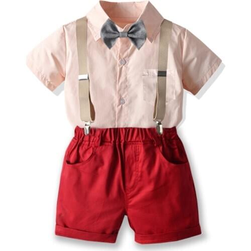 Boys Set European And American Gentleman Suit Summer Children Formal Dress Pink Shirt Suspender Shorts Suit Boy Banquet Dress