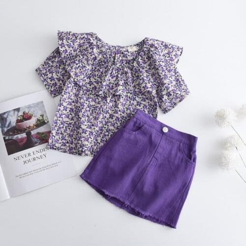 Girls Flowers Clothing Sets Fashion Korean Kids Floral Tops and High Waist Denim Skirt 2pcs Outfits Children Casual Holiday Suit