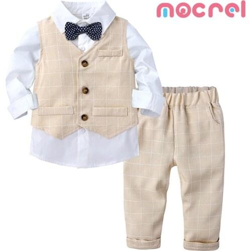 Boy Gentleman Spring Autumn Outfit In Paragraph Children Ma3 Jia3 White Shirt Striped Pants Three-Piece Suit Baby Boy Clothes