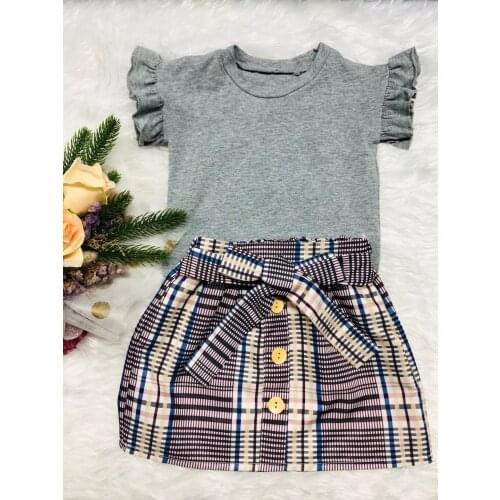 Summer Fashion 2Pcs Toddler Baby Kid Girl Summer Solid Color Short Sleeve Tops+Plaid Button Short Skirt Clothes