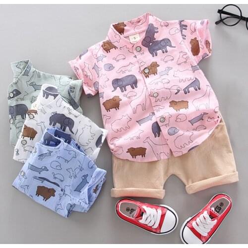 Toddler Baby Boys Clothes Cotton Short Sleeve Animal Print Gentleman Shirts +Short Pants Set Baby Outfit Formal Boy Clothing