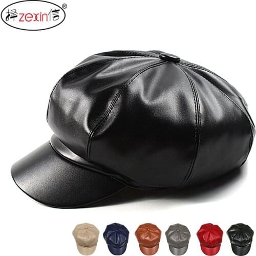 Korean style autumn and winter PU leather solid color octagonal cap Womens British leather hat all-matching peaked cap