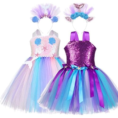 Kids Mermaid Princess Dress Sequins Starfish Shell Fancy Birthday Party Dress for Girls Child Under the Sea Mermaid Costume set