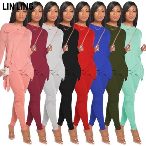LINLING Simple Solid Color Bowknot Long Sleeve Pullover Top + Splicing Tight Elastic Casual Pants Two Piece Set Women