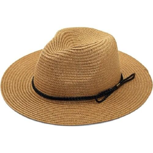 2021 Fashion Summer Casual Unisex Beach Trilby Large Brim Jazz Sun Hat Panama Hat Paper Straw Women Men Cap With Black Rope