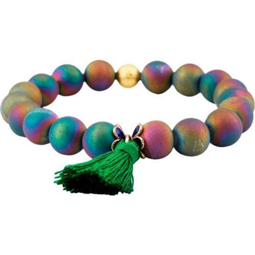 TUMBEELLUWA Natural Stone Rainbow Titanium Coated Druzy Quartz 10mm Beads Tassels Elastic Bracelet 7"