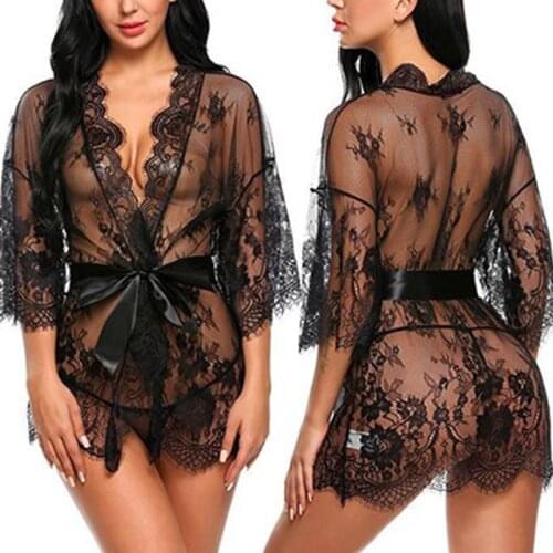 Women Lace Erotic Sleepwear Porno Sexy Lingerie Transparent V-Neck Nightwear Robes G-string Sex Set Costume