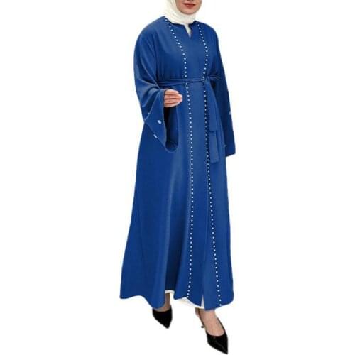 Womens Clothing Fashion Solid Color Flared Sleeve Cardigan With Pearl Stitching Dubai Modest Robe Muslim Prayer Clothes
