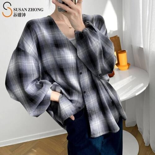 Women Shirts Female Blouses Tops Full Long Lantern Sleeve Modern Official V-Neck Special Plaid Cotton Elegant Autumn Check