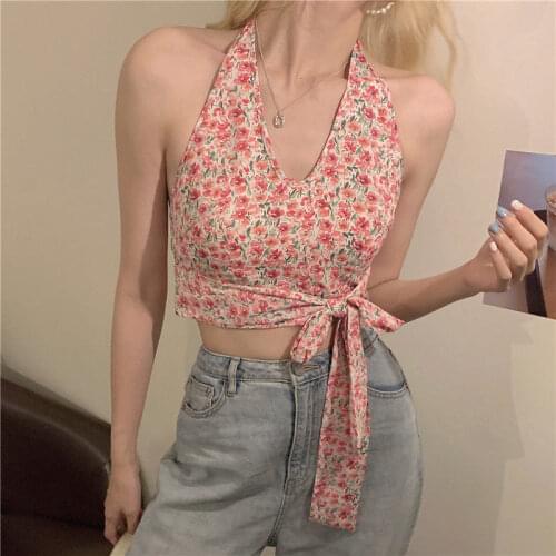 South Korea Floral Pink Halter Top Summer Bohemian Beach Style Backless Tank Top Tie Knot Front Cut Out Mini Vest Women Cami
