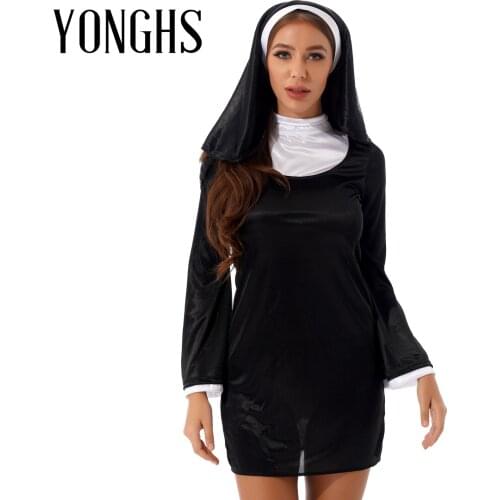 Womens Ladies Fancy Dress Priest Uniform Halloween Costumes Nun Cosplay Outfit High Neck Flare Sleeve Dress with Headscarf