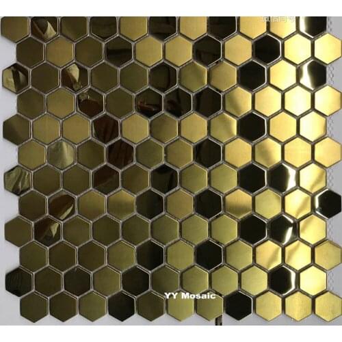 Golden Hexagon Polished and Matt Metal Stainless Steel Mosaic Tiles, Creative Store Showroom Mosaic Wall Tiles 25 mm