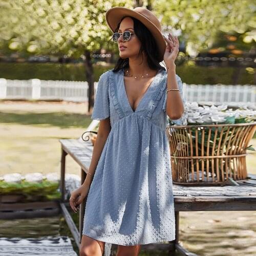 2021 Summer Dress Women Casual V-Neck Drawstring Solid Color Short Sleeve Dresses Elegant Holiday Beach Boho Dresses