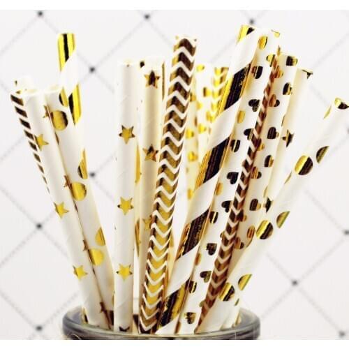 25pcs Shine Metallic Golden Heart Star Dot Stripe Paper Straws Gold Foil Stripe Paper Straws Birthday Wedding Decoration