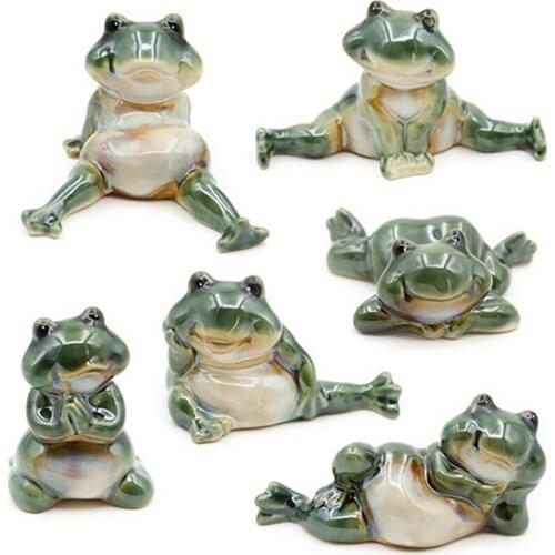 6 Pcs Cute Cartoon Yoga Frog Shaped Ceramic Handicraft Living Room Desktop Decoration Crafts Money Box Home Decor Accessories