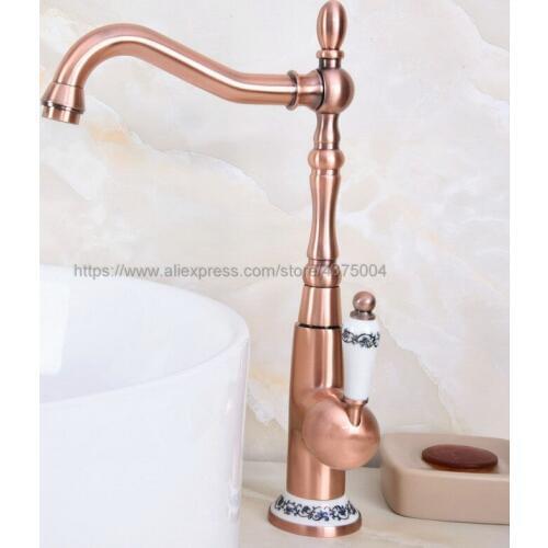 Antique Red Copper Bathroom Sink Basin Faucet Single Ceramic Handle Single Hole Deck Mounted basin tap Nnf624