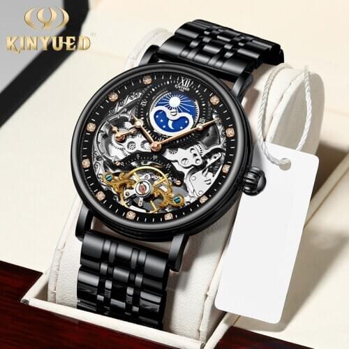 KINYUED Stainless Steel Waterproof Mens Tourbillon Skeleton Watches Top Brand Luxury Transparent Mechanical Sport Male Watch