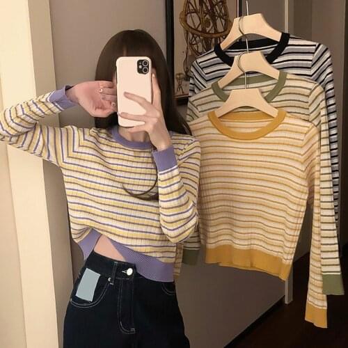 Spring Autumn Women t shirt Horizontal Stripes Tshirt Long Sleeve O Neck Basic Top Tees Women Slim Pullover T-Shirts Knitwear
