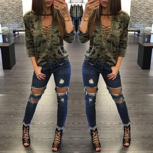Camouflage Womens Long Sleeve T-shirt Autumn Fashion Lace-up Lady Sexy T Shirts Deep V Neck Low-Cut Harajuku T-shirt Plus Size